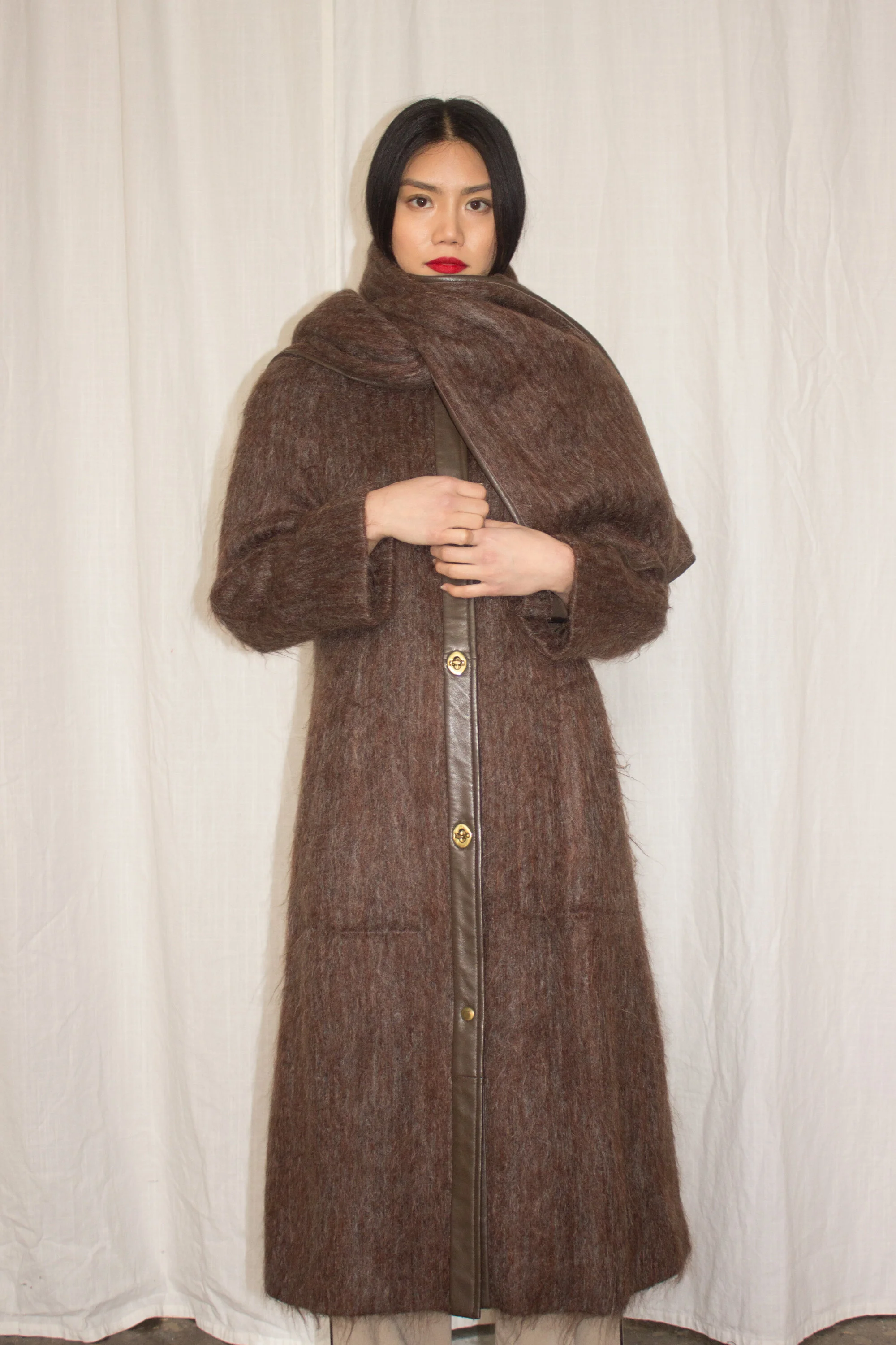 1970s Richard Barr Mohair and Leather Coat with Matching Shawl